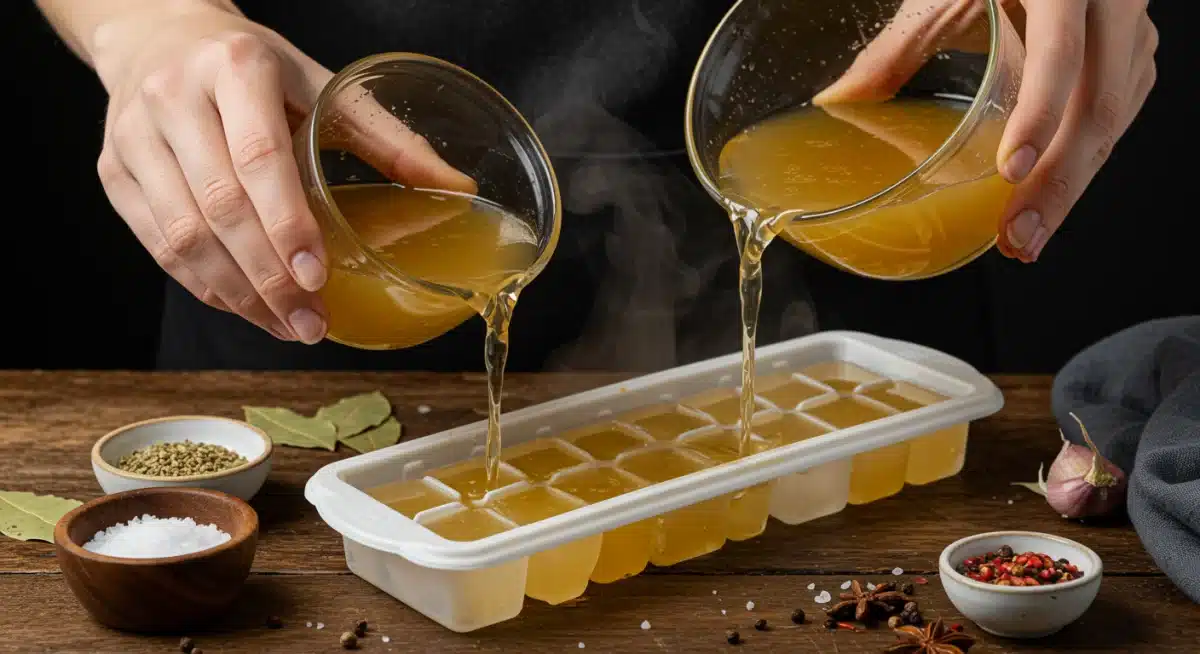 Manos vertiendo caldo de pollo recién hecho en una cubitera para congelar.