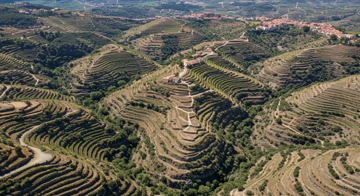Paisaje escarpado de los viñedos de Priorat, destacando el suelo de llicorella.