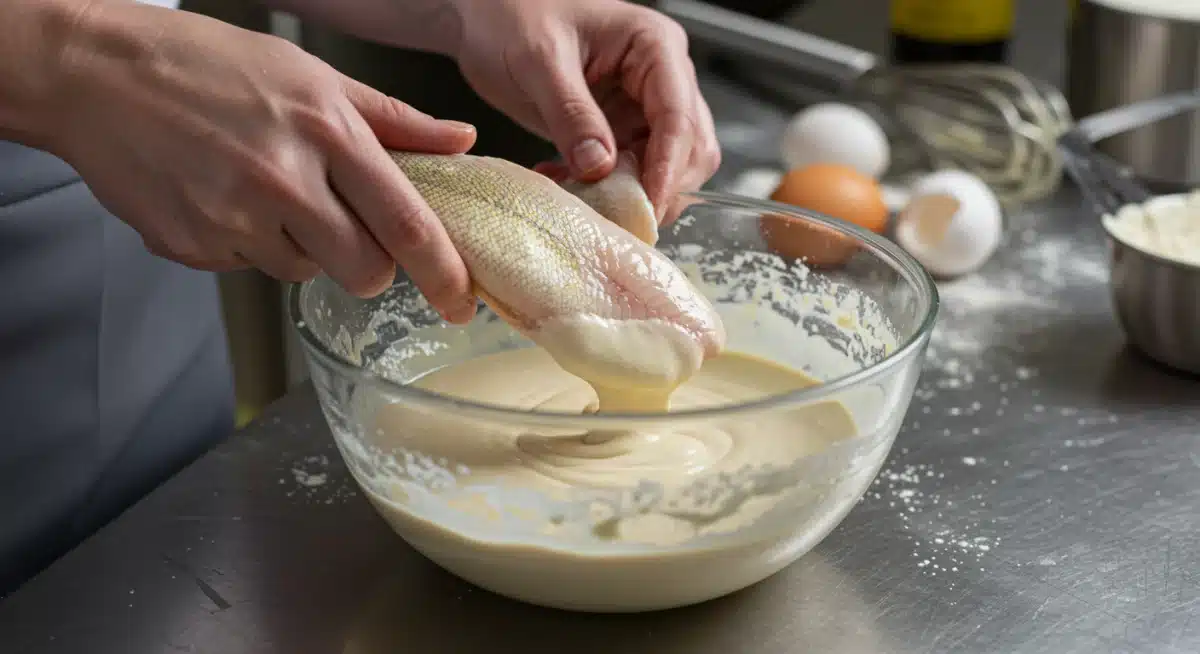 Chef dipping walleye fillet into smooth fish batter mixture
