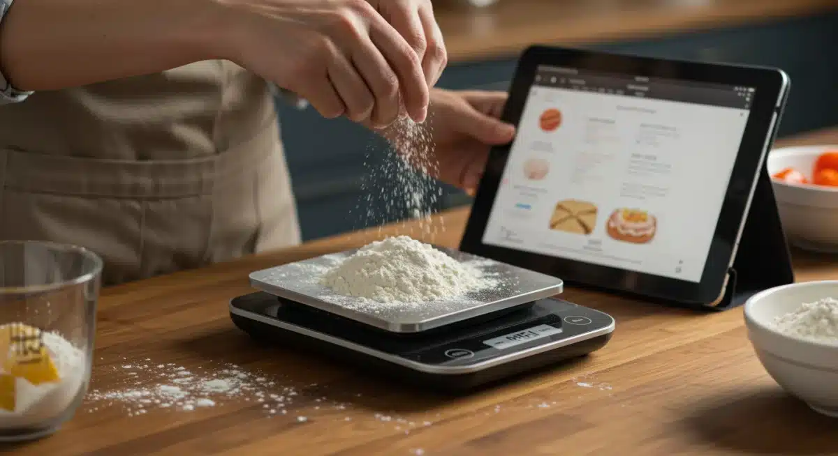 Hands weighing flour on a smart scale with recipe app integration.
