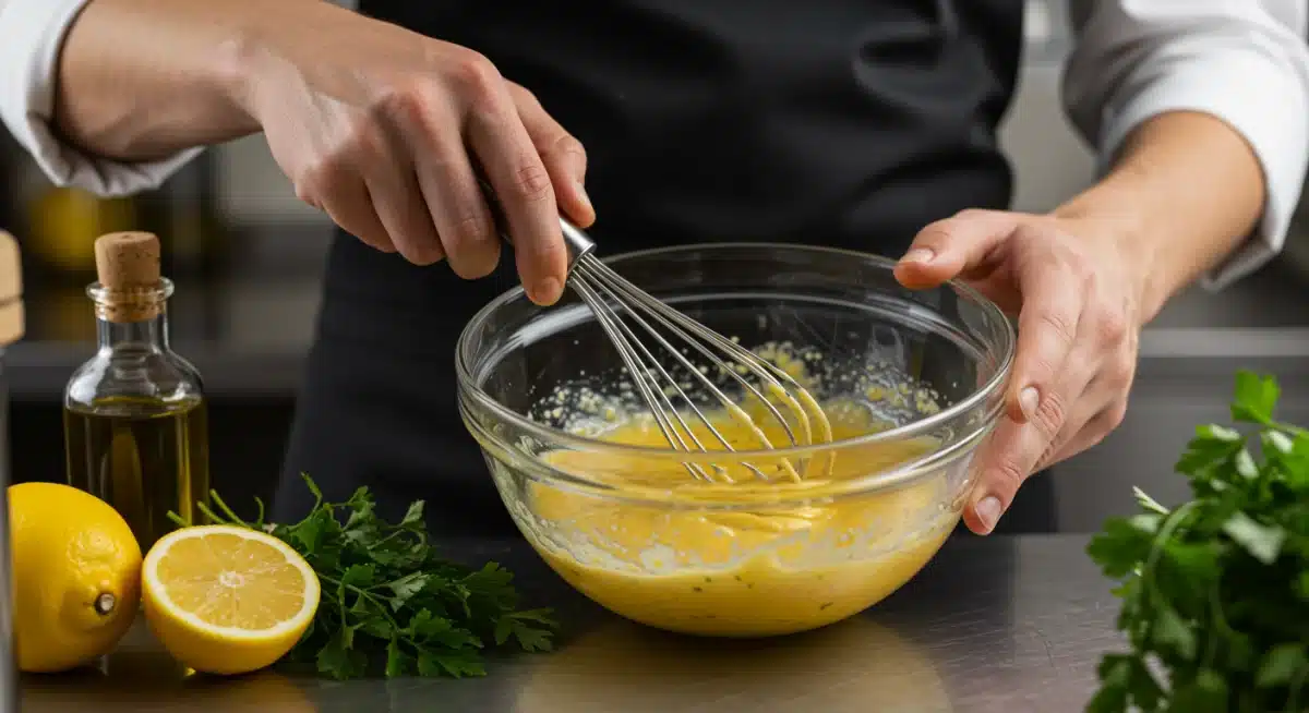 Chef whisking ingredients for a homemade lemon-herb vinaigrette in a glass bowl.