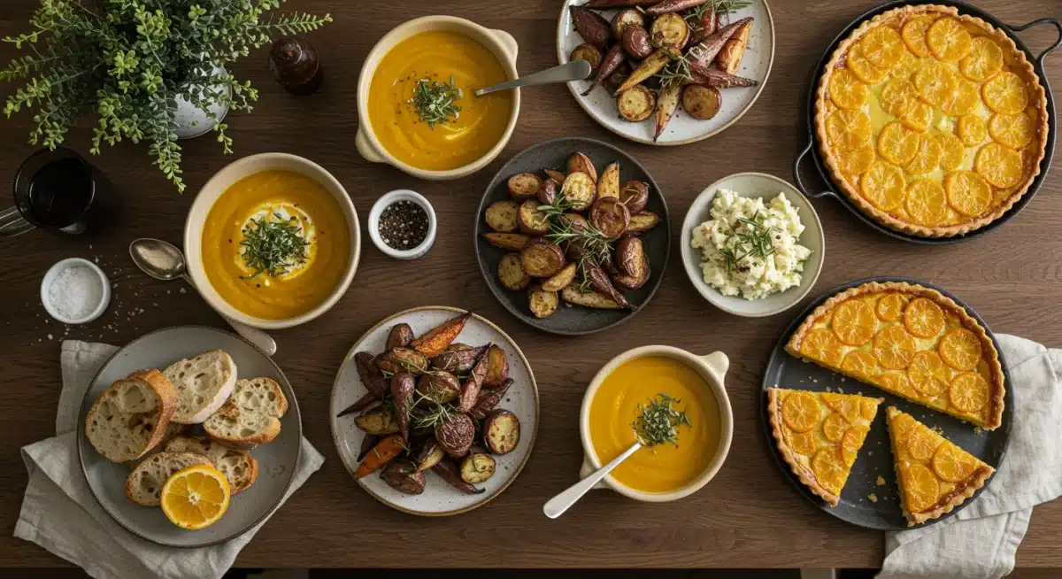 Cozy kitchen counter with winter comfort foods made from seasonal produce.