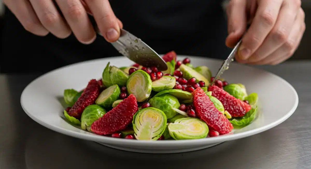 Chef preparing a fresh winter salad with Brussels sprouts, pomegranate, and blood orange.