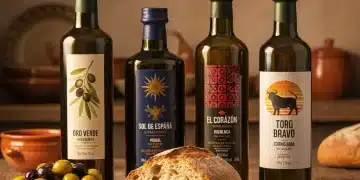 Quatro garrafas de azeite espanhol de alta qualidade com azeitonas e pão