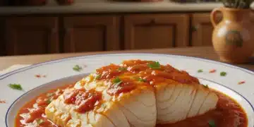 Bacalao a la Vizcaína tradicional con salsa roja intensa y perejil fresco, listo para degustar.