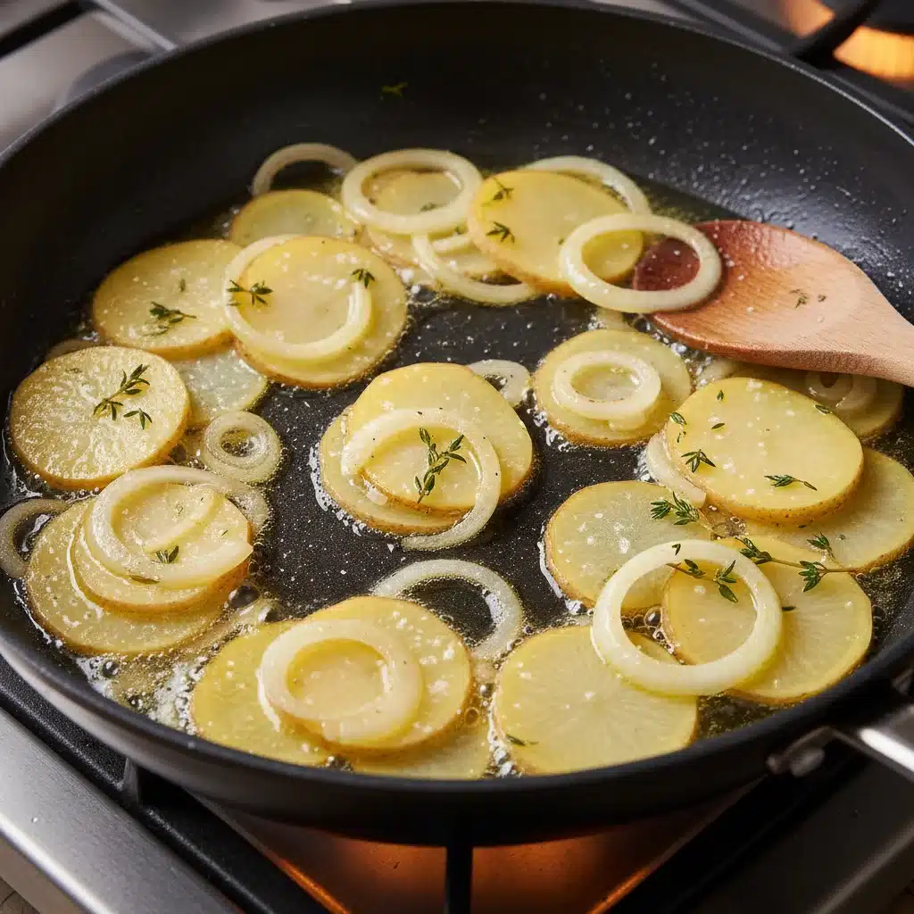 Batatas e cebolas finamente fatiadas fritando lentamente em azeite numa frigideira grande.