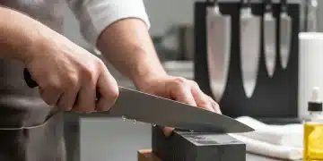 Mão de chef afiando uma faca de cozinha em pedra de amolar, com outras facas limpas ao fundo.