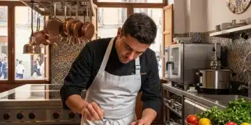 Chef preparando plato innovador con ingredientes españoles frescos en cocina moderna