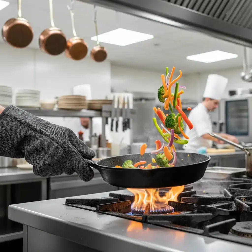 Chef cocinando verduras en una sartén de hierro fundido grande sobre una llama abierta, mostrando uso profesional.