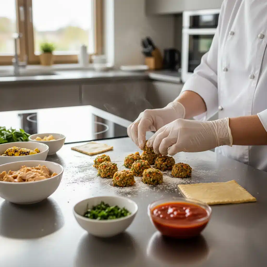 Chef preparando croquetas de pollo asado sobrante.
