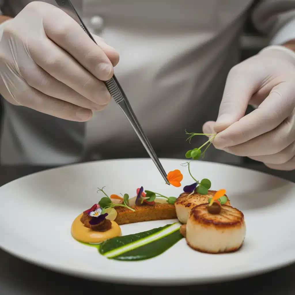 Chef utilizando pinzas para emplatar con precisión, añadiendo microbrotes y flores comestibles.