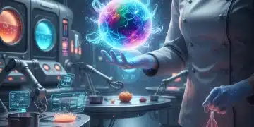 Chef presentando un ingrediente exótico y futurista en una cocina moderna.