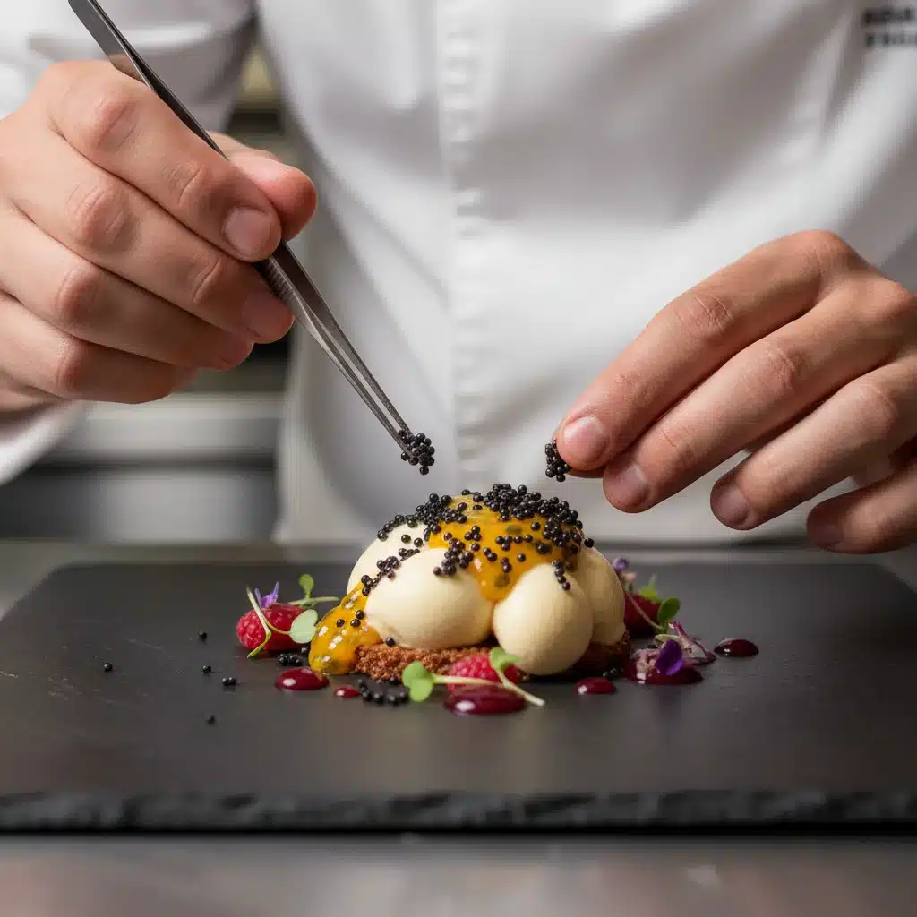 Chef añadiendo perlas de quinoa negra fermentada a un postre delicado.