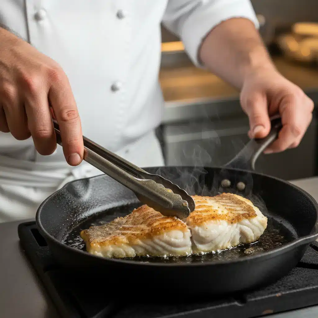 Manos de chef sellando un lomo de bacalao desalado en sartén, logrando una costra dorada.
