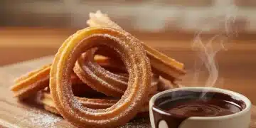 Churros crocantes e dourados com açúcar, ao lado de uma tigela de chocolate derretido para mergulhar, em uma mesa de madeira.