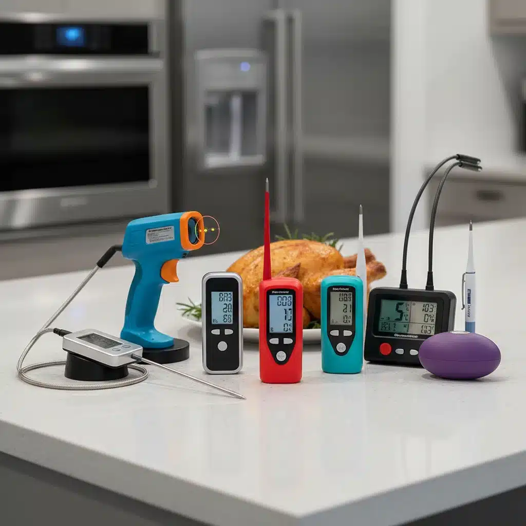 Variedad de termómetros digitales de cocina, incluyendo modelos de lectura instantánea y de sonda.