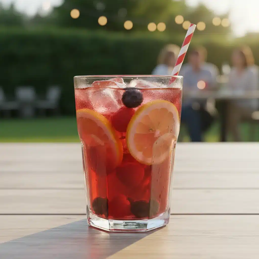 Copo de sangria gelada com gelo, fatias de laranja e limão, pronto para ser apreciado em um dia quente.