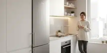 Cozinha moderna e compacta em apartamento pequeno, com eletrodomésticos slim e organização inteligente.