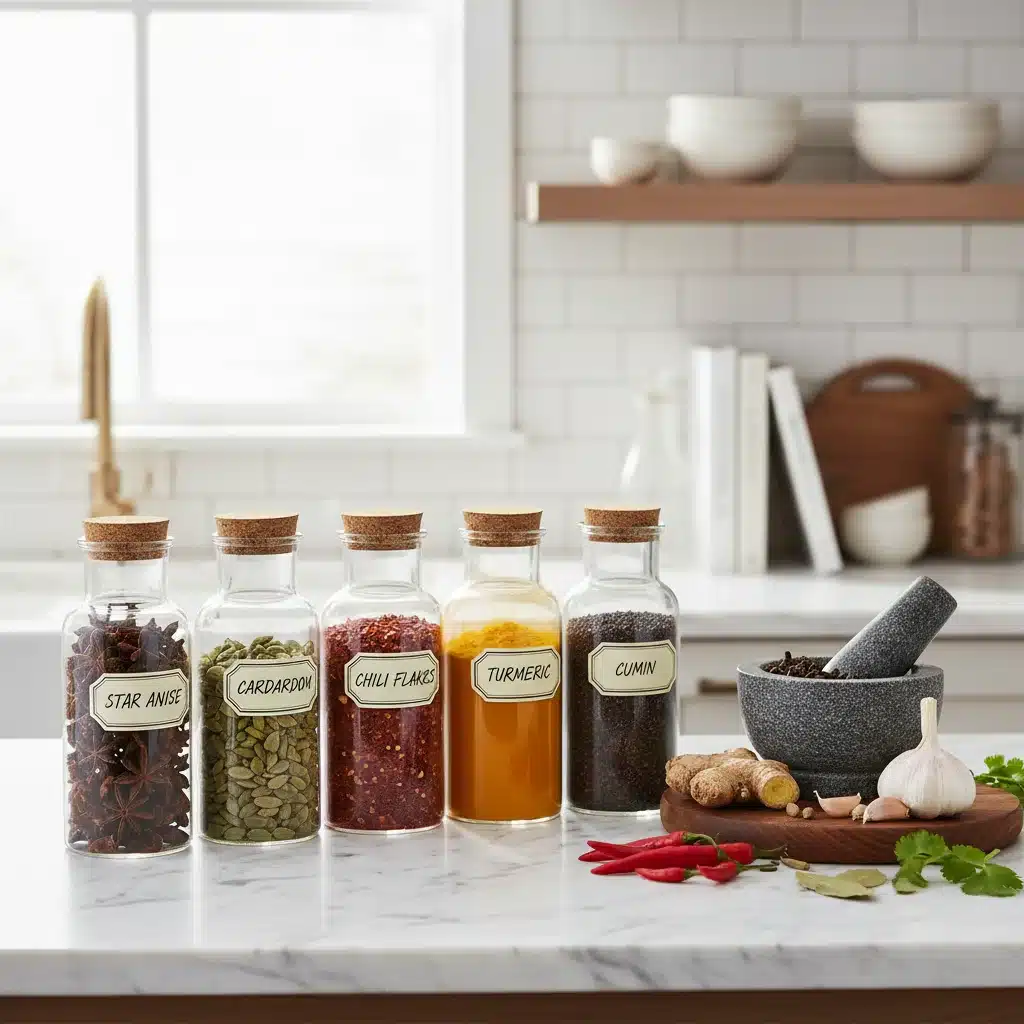 Bancada de cozinha elegante com potes de vidro contendo especiarias exóticas, ingredientes frescos como gengibre e alho, e um pilão, simbolizando a criação de misturas de temperos.