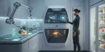 Cozinha futurista com utensílios inteligentes e tela touch, demonstrando as tendências de 2026.