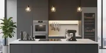 Cozinha moderna com utensílios profissionais e eletrodomésticos de alta tecnologia, preparando o cenário para uma culinária de chef em casa.