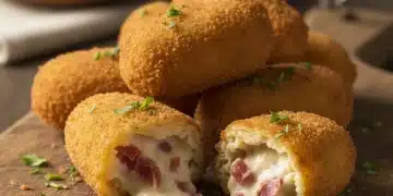 Croquetas de jamón douradas e crocantes em tábua de madeira, com recheio cremoso à mostra.