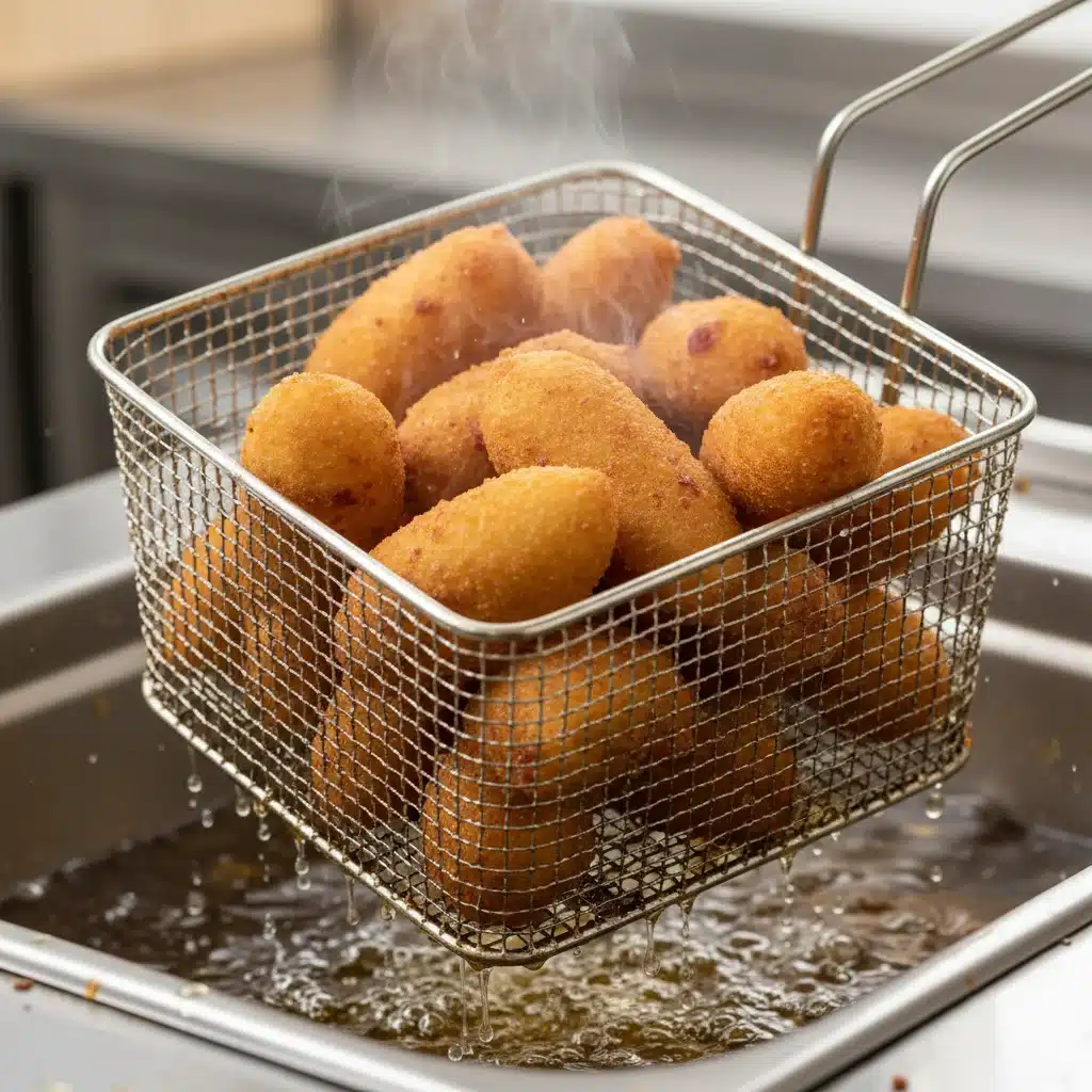 Cesto de fritura com croquetas de jamón recém-fritas, douradas e crocantes, sendo retiradas do óleo quente.