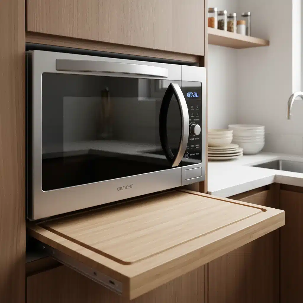Eletrodoméstico multifuncional compacto, como micro-ondas com grill, otimizando espaço.