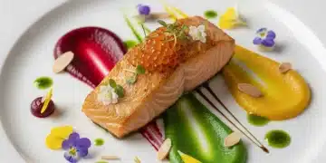 Plato gourmet emplatado con técnicas avanzadas, digno de restaurante Michelin 2026.