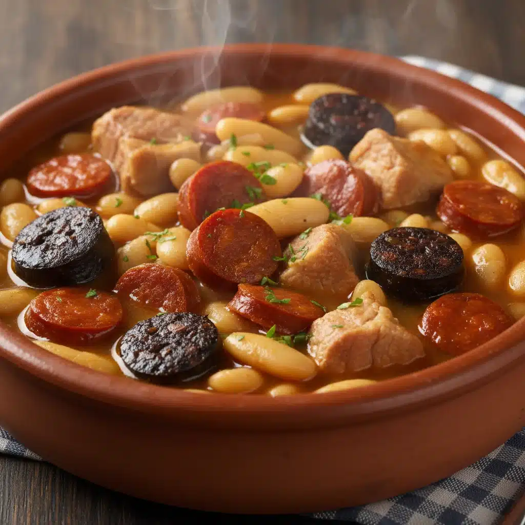 Detalhe de um prato fumegante de Fabada Asturiana com feijão e embutidos