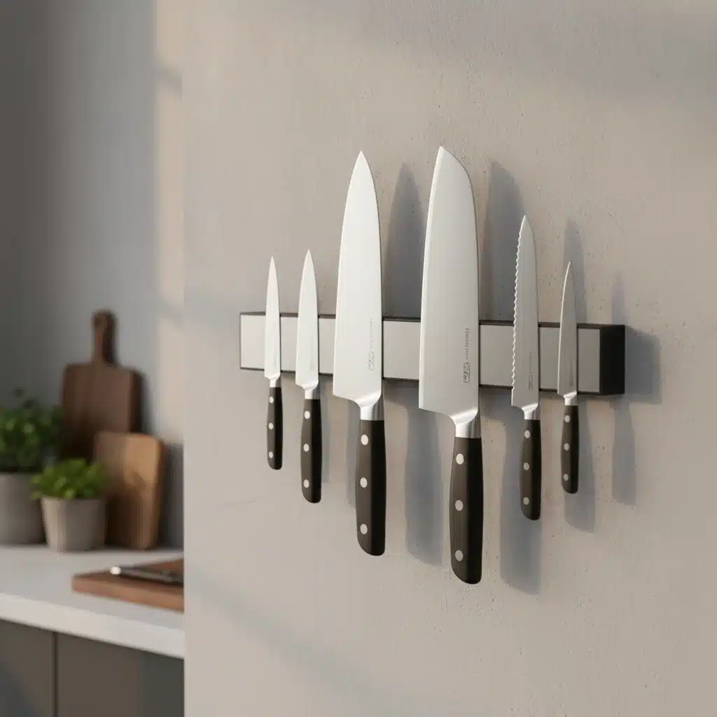 Diversos tipos de facas de cozinha organizadas em um suporte magnético na parede.