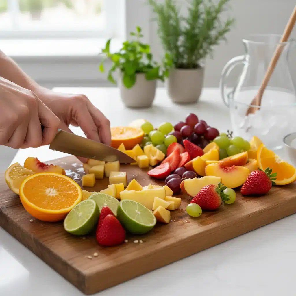 Variedade de frutas frescas sendo fatiadas para preparar sangria, incluindo laranjas, maçãs e morangos.