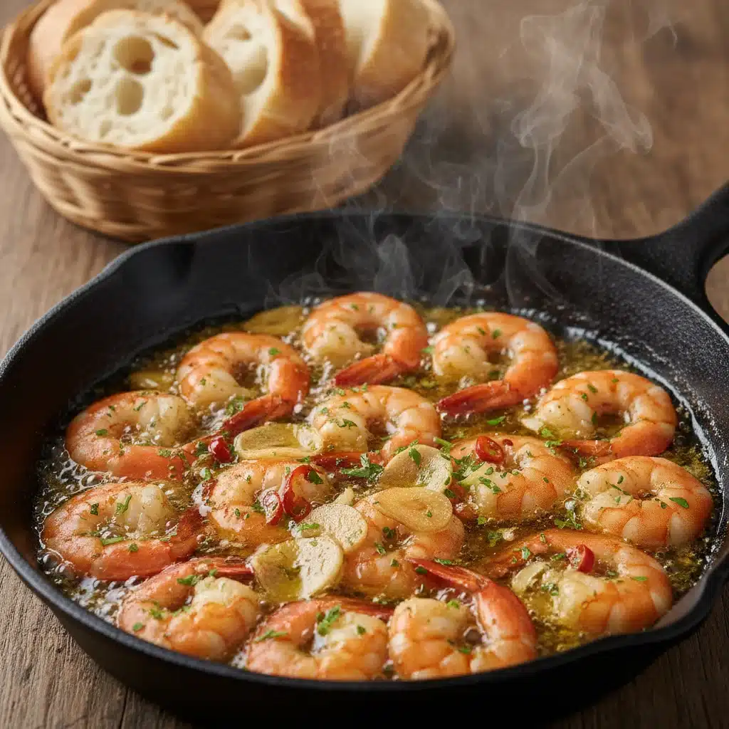 Gambas al ajillo hirviendo en una cazuela de barro, con ajo y perejil fresco, acompañadas de pan.