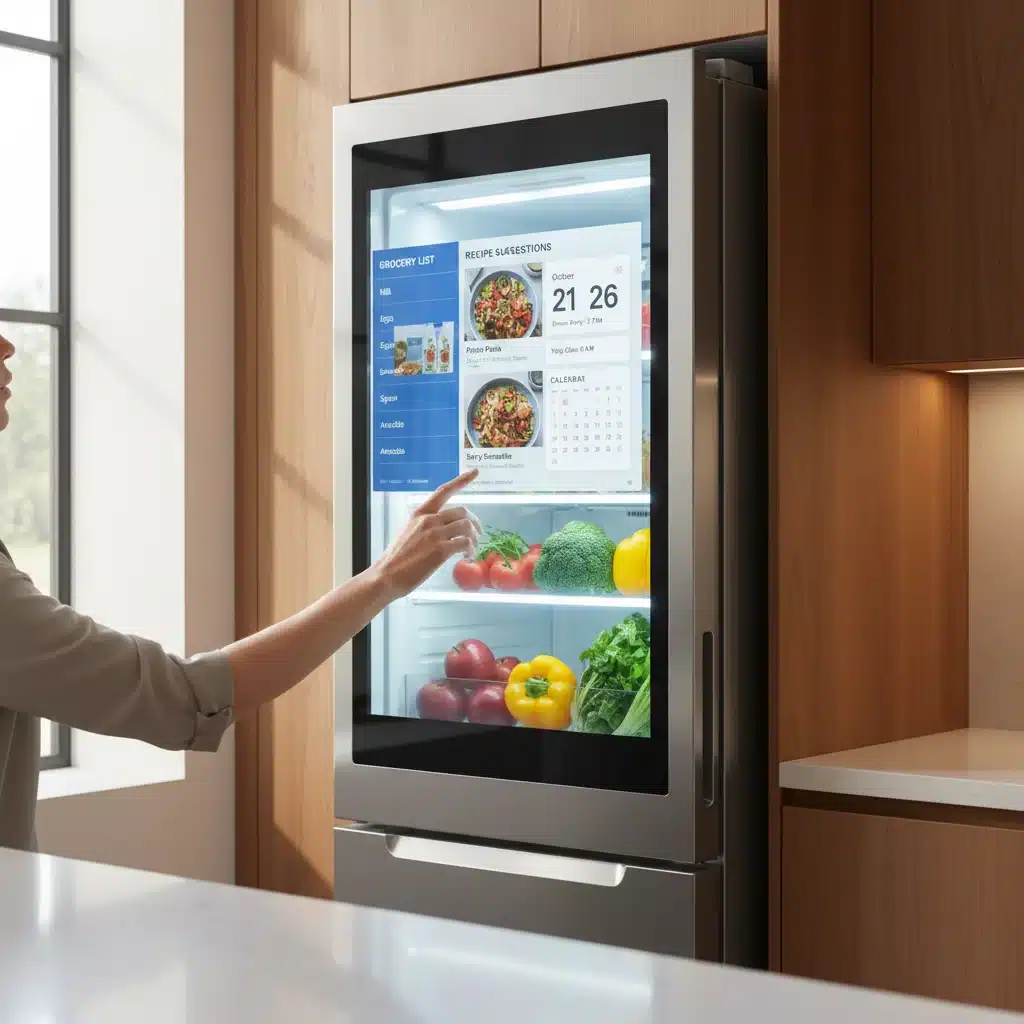 Geladeira inteligente com tela sensível ao toque exibindo receitas e lista de compras.
