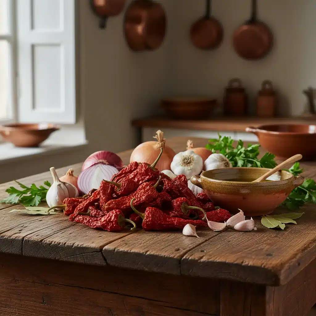 Ingredientes frescos para salsa vizcaína: pimientos choriceros, cebolla, ajo y aceite de oliva.