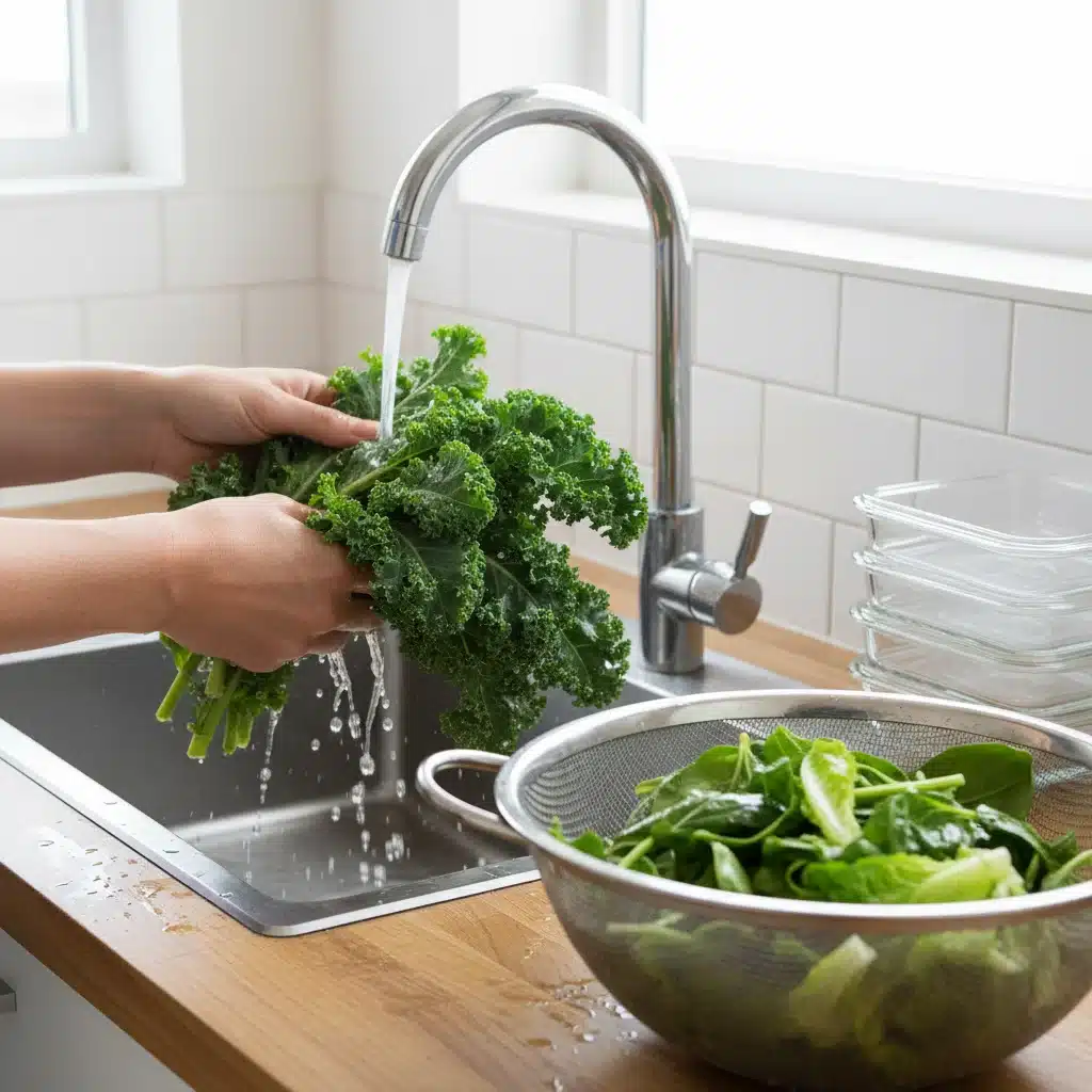 Pessoa lavando folhas verdes sob água corrente na pia da cozinha, preparando vegetais antes do armazenamento.