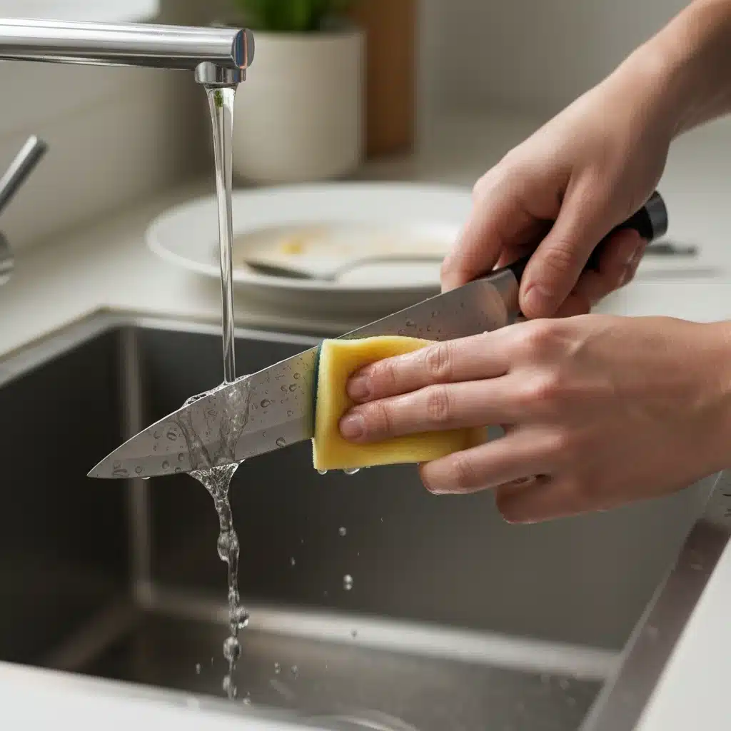 Pessoa limpando cuidadosamente uma faca de cozinha sob água corrente com uma esponja macia.