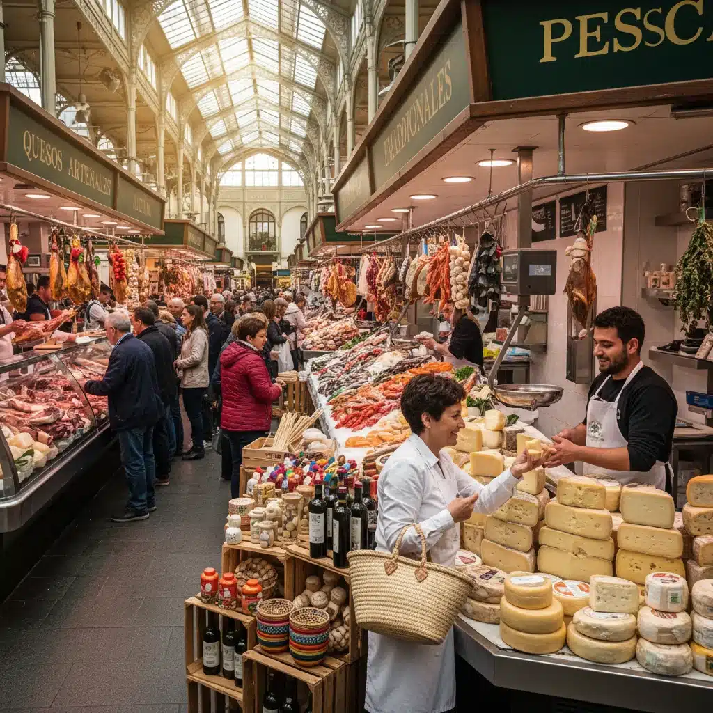 Mercado español tradicional con productos locales frescos y artesanales