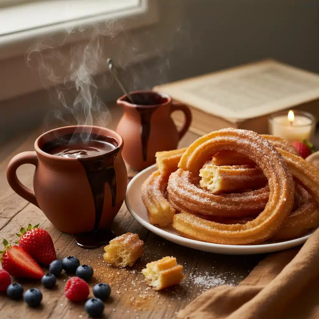 Mesa posta para um café da tarde espanhol com churros prontos, xícara de chocolate quente e frutas frescas.
