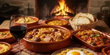 Mesa rústica espanhola com pratos típicos menos conhecidos e vinho local