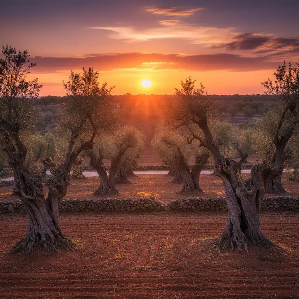 Plantação de oliveiras espanholas ao pôr do sol