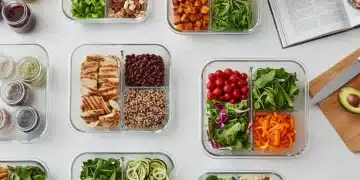 Mãos organizando potes de comida preparada para a semana em uma bancada de cozinha limpa
