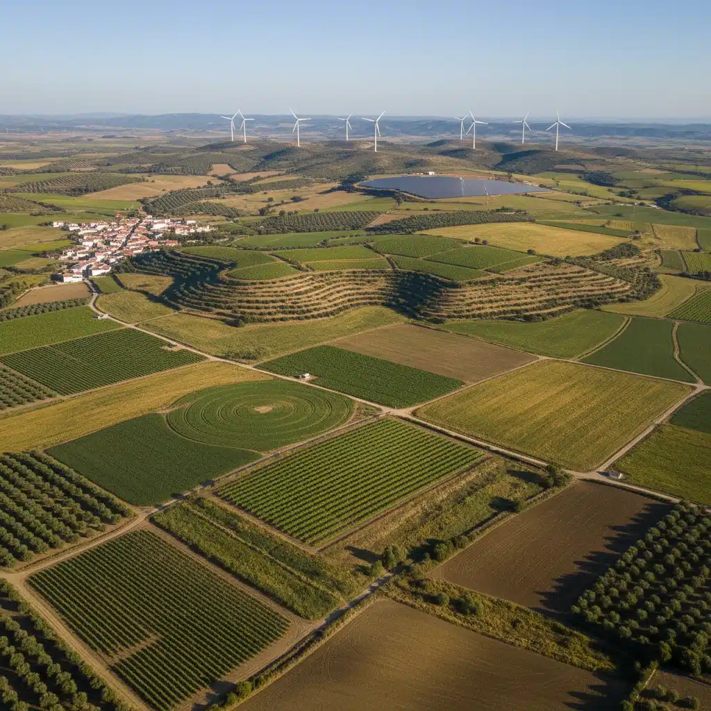 Vista aérea de campos agrícolas españoles con prácticas sostenibles