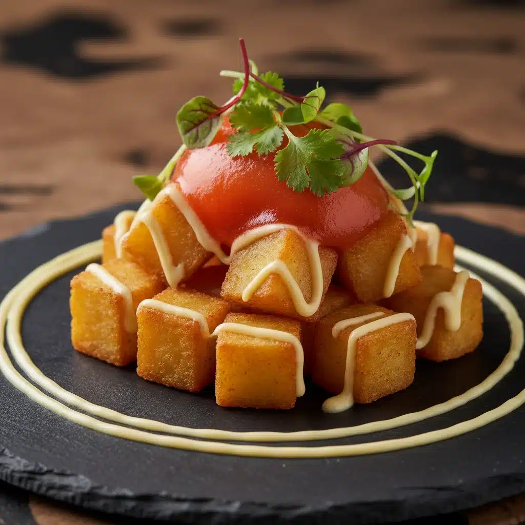 Detalle de patatas bravas reinventadas con espuma de bravas y alioli deconstruido, en un plato moderno.