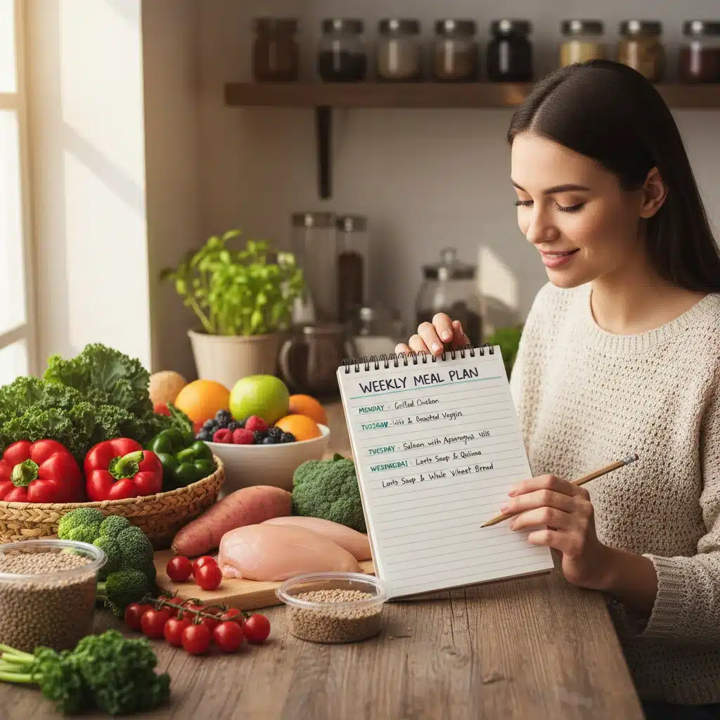 Pessoa analisando um plano de refeições semanal escrito à mão com ingredientes frescos ao redor