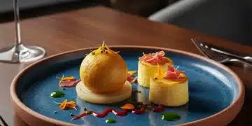 Plato de cocina española moderna, con una presentación artística y deconstruida, que fusiona tradición e innovación.