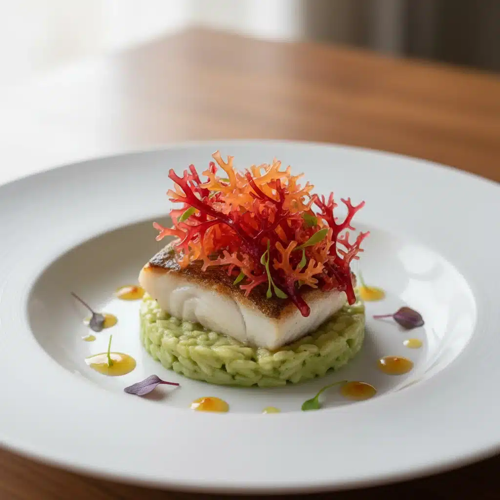 Plato gourmet decorado con 'mar de coral' de vibrantes colores.