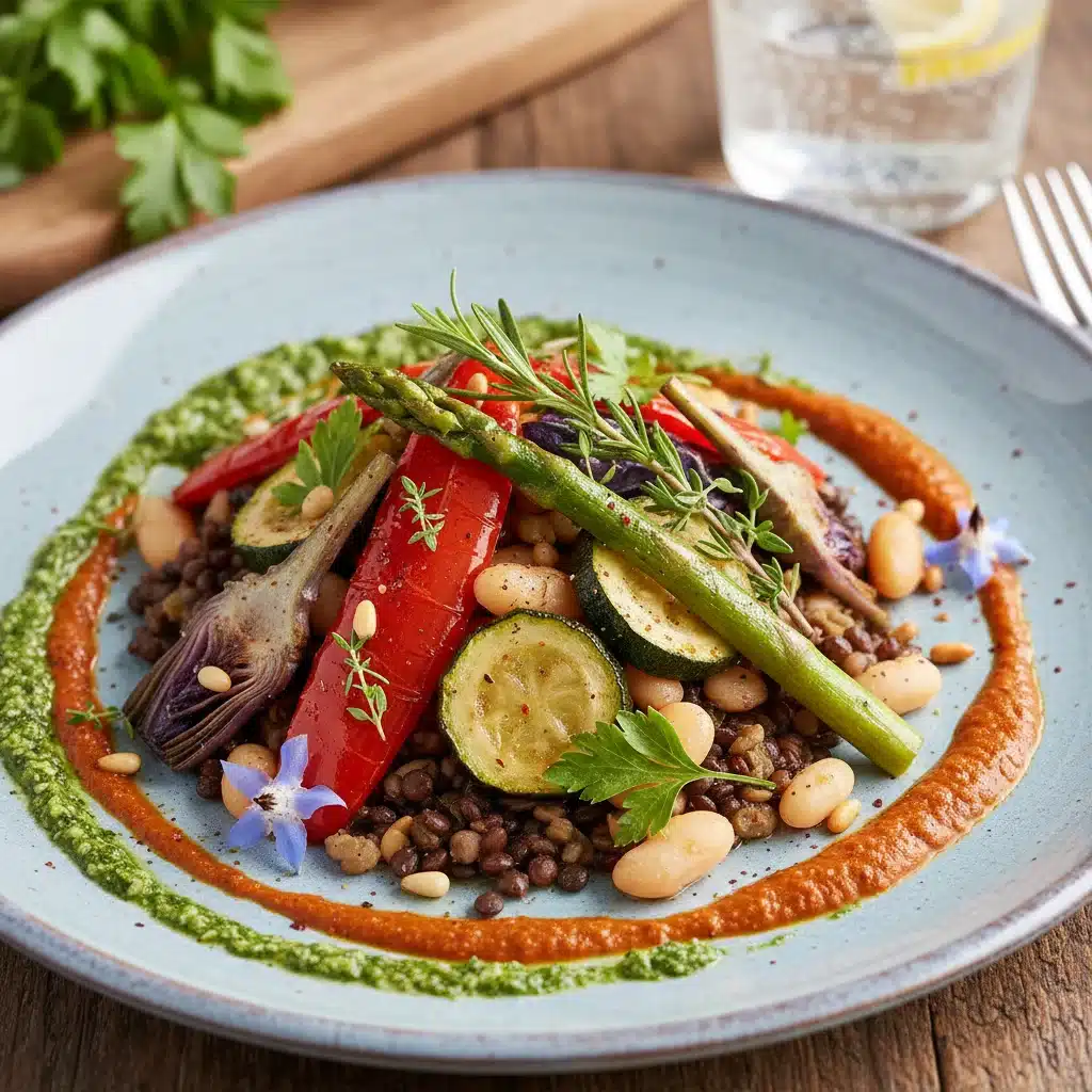 Plato vegano español con vegetales asados y legumbres, mostrando la tendencia de cocina saludable