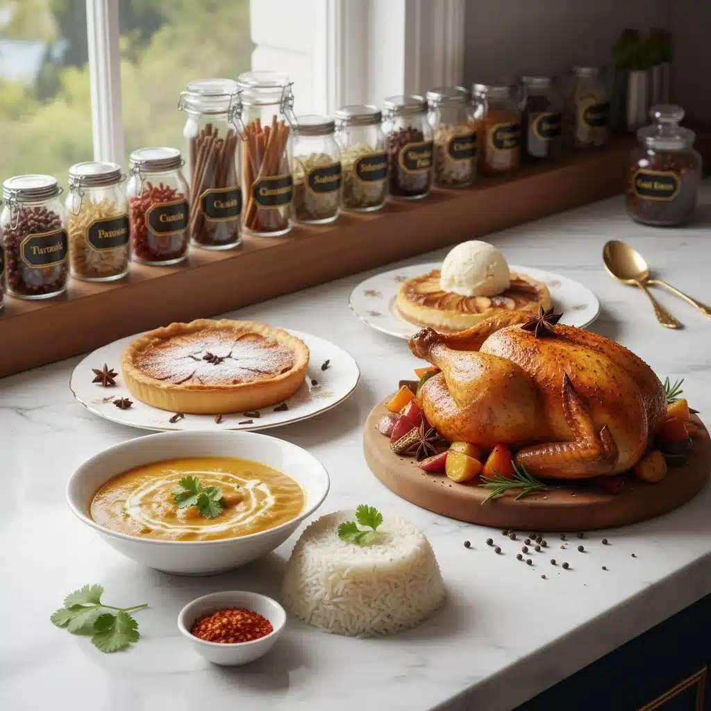 Platos gourmet con diversas combinaciones de especias, exhibiendo la versatilidad culinaria.