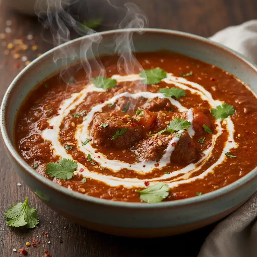 Prato gourmet fumegante, possivelmente um curry ou ensopado, guarnecido com ervas frescas e um toque de leite de coco, destacando a riqueza de sabores.